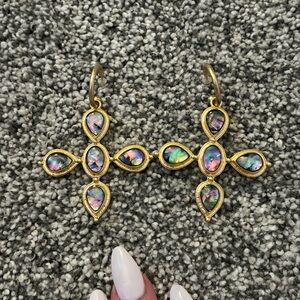 Gold and Iridescent Teardrop Earrings